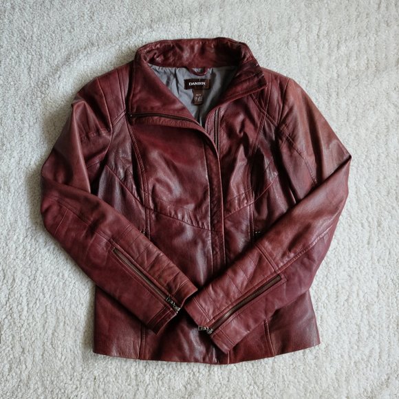 Danier Maroon Asymetric Leather Jacket - Picture 1 of 7